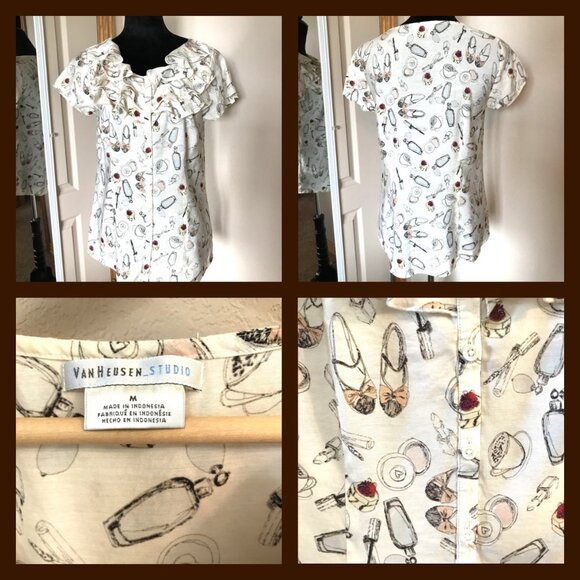 Van Heusen Studio Ruffled Blouse: Vintage Top Women’s Shoe & Coffee Print Size M - Picture 13 of 13